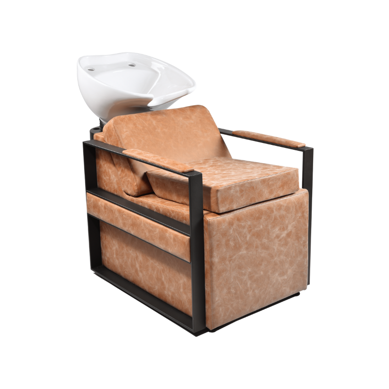 Desert tan booster seat installed on a salon wash basin chair for lumbar support