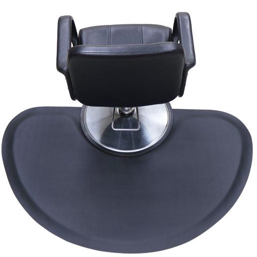 Rear view of a black ergonomic hairdressing mat designed for professional salon styling stations