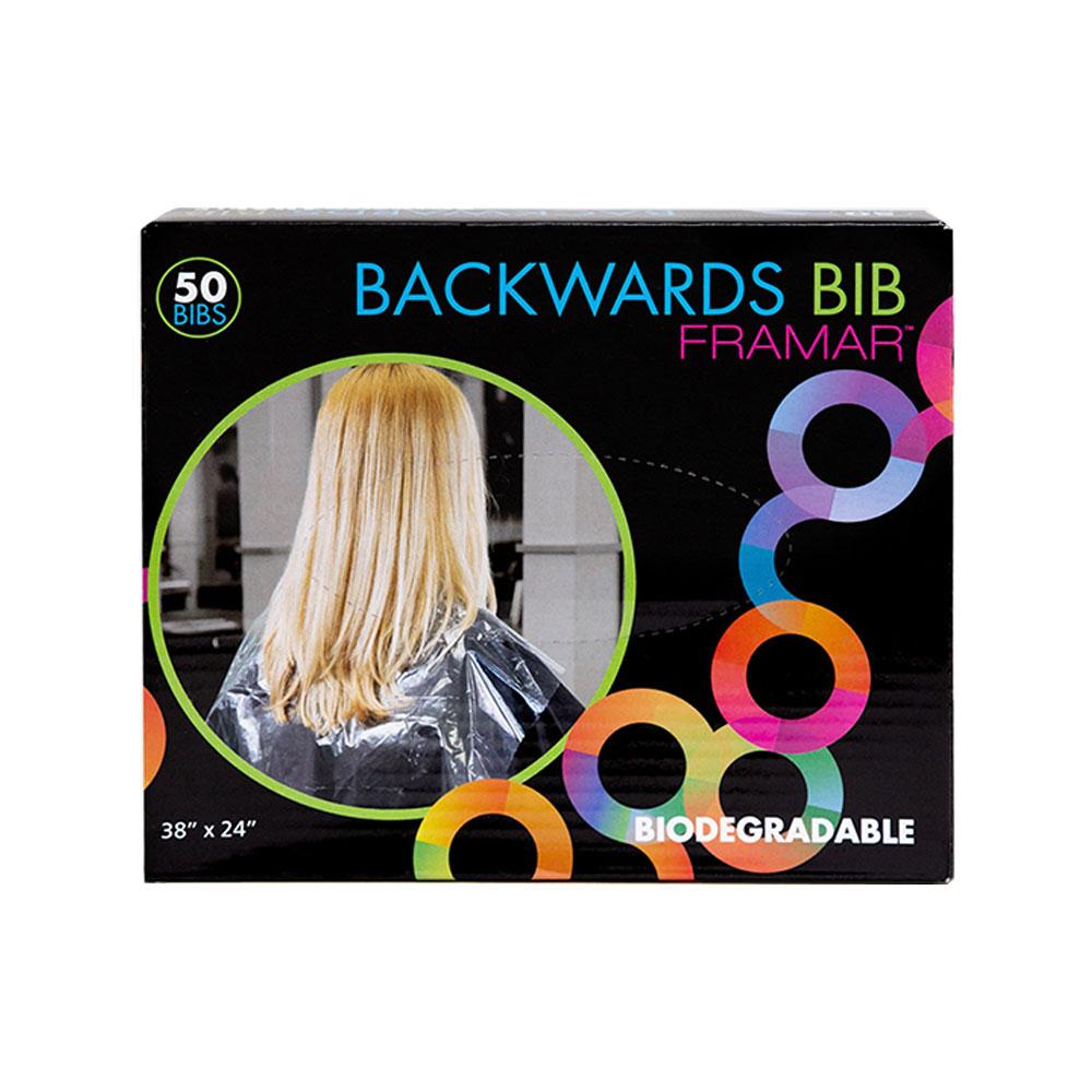 Framar Backwards Bib 50 pack box showing a blonde client wearing a clear biodegradable protective sheet over a salon cape