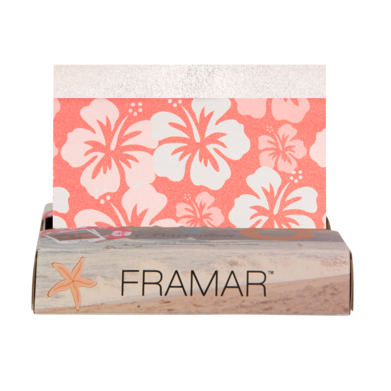 Framar Baecation mini pop-up hair foils with 80s inspired hibiscus floral pattern