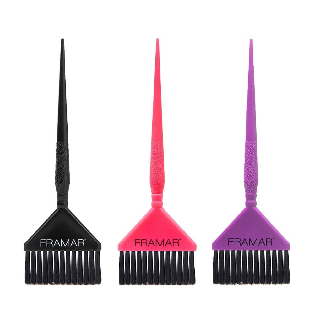 Set of three Framar Big Daddy professional hair colour brushes in black, pink, and purple featuring AccuSoft bristles