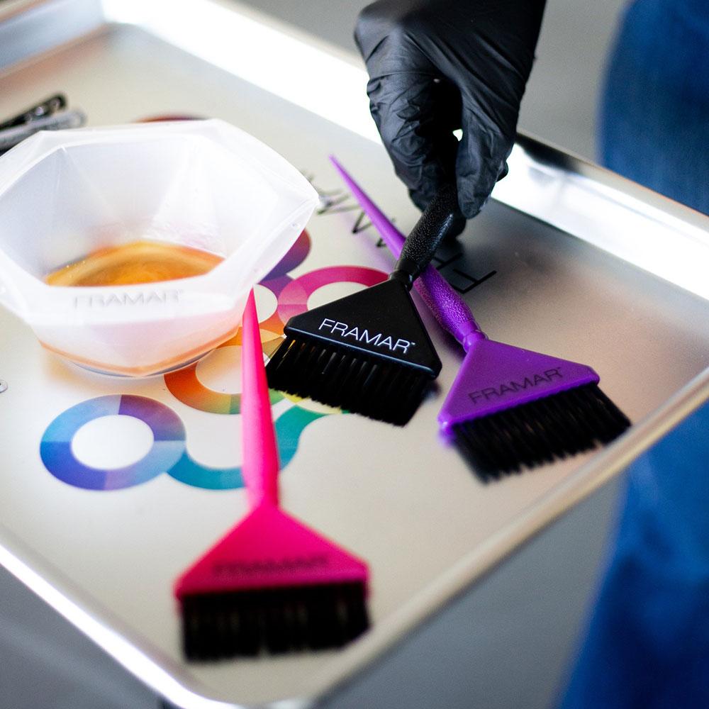 Framar Big Daddy extra wide hair colour brushes on a professional salon tray with a mixing bowl