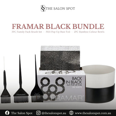 Framar Black Bundle featuring 3-piece professional brush set, box of pop-up hair foils, and two bamboo colour mixing bowls for salon use