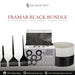 Framar Black Bundle featuring 3-piece professional brush set, box of pop-up hair foils, and two bamboo colour mixing bowls for salon use