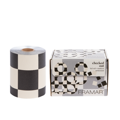 Framar Checked Out black and white checkered embossed hair foil roll with dispenser box