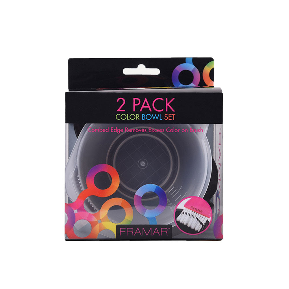Framar colour bowl set packaging showing 2 pack professional hair colour mixing bowls