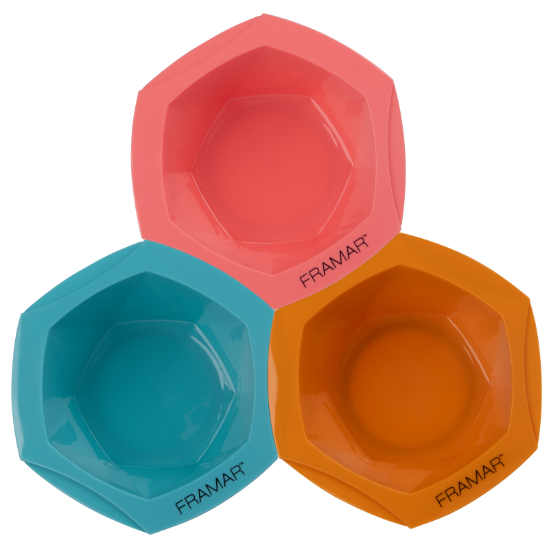 Three Framar Connect and Colour stackable hair dye mixing bowls in Coral, Sand, and Aqua