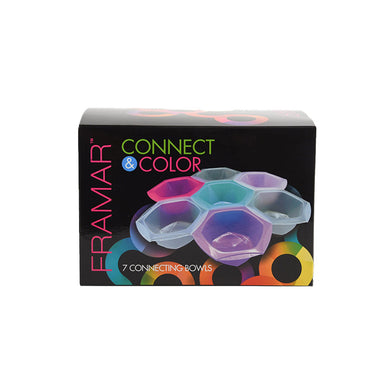 Retail packaging for the Framar Connect and Colour 7 piece interlocking hair colour bowl set