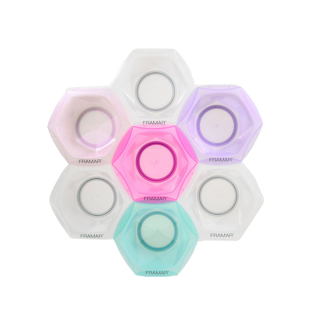 Framar Connect and Colour bowls snapped together in a honeycomb shape for professional hair colour mixing