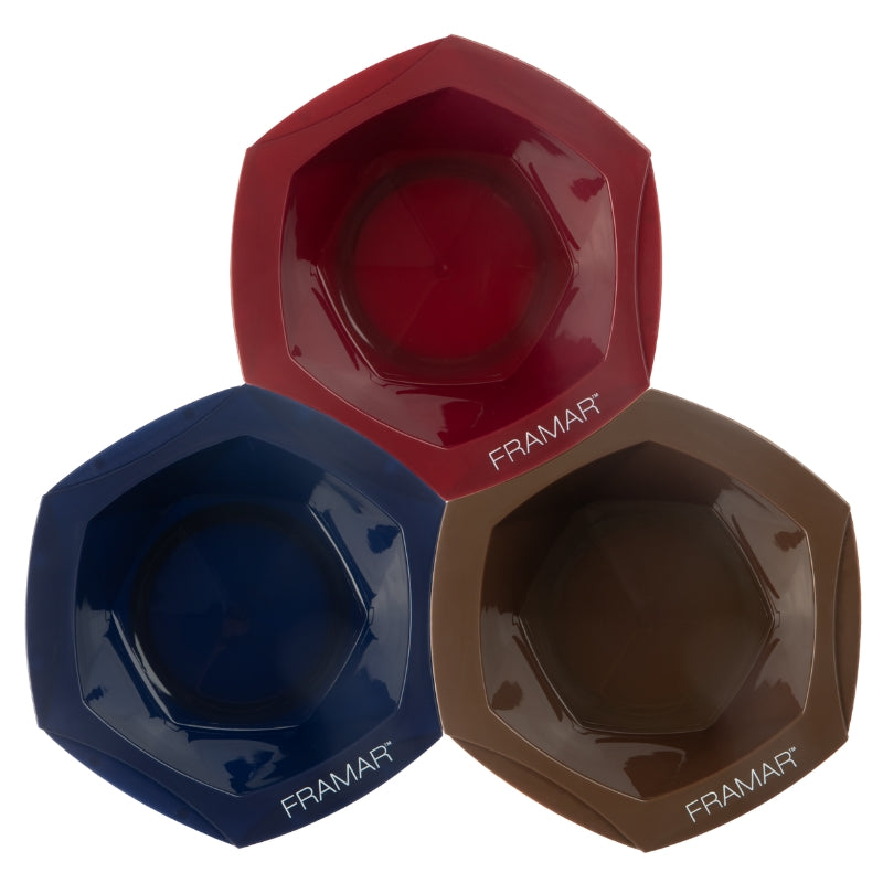 Top view of three Framar Dark Academia bowls in Maroon, Midnight and Mahogany showing interlocking edges