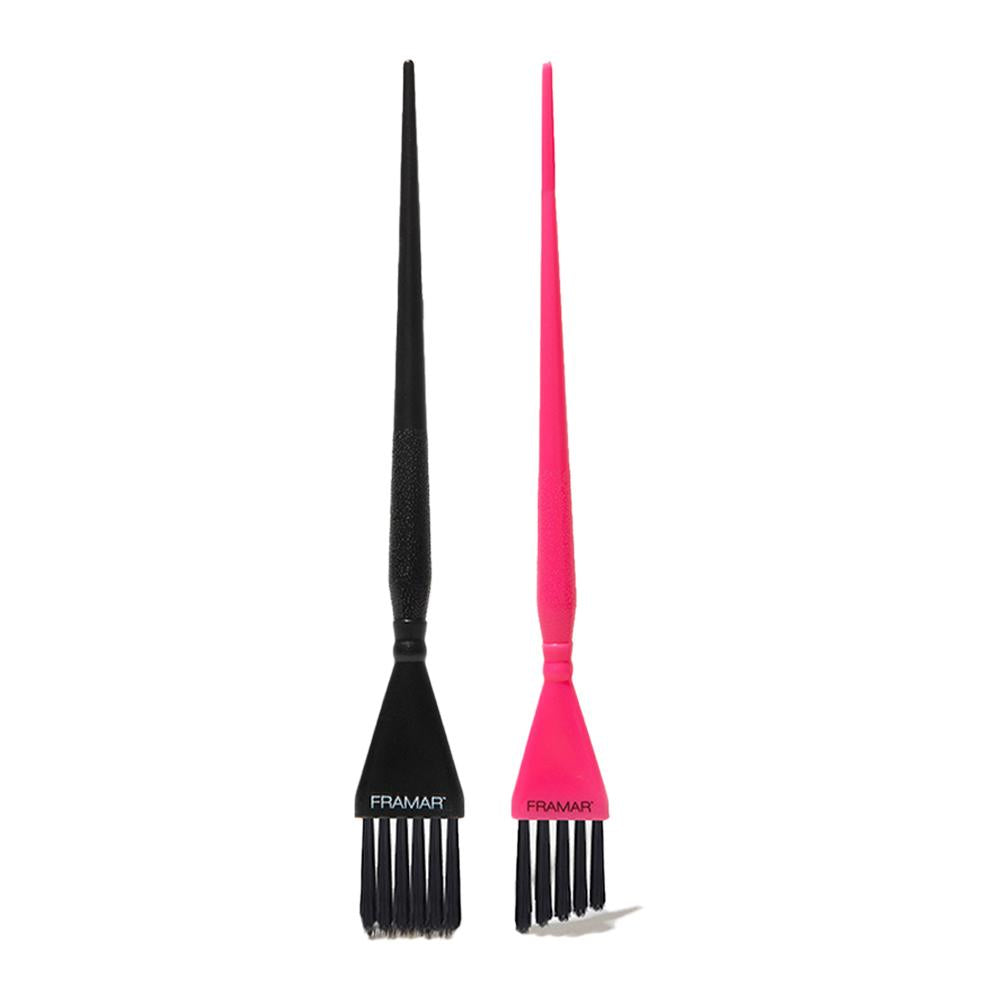Framar Detail Brush Set featuring one straight black brush and one angled pink brush for professional hair colouring