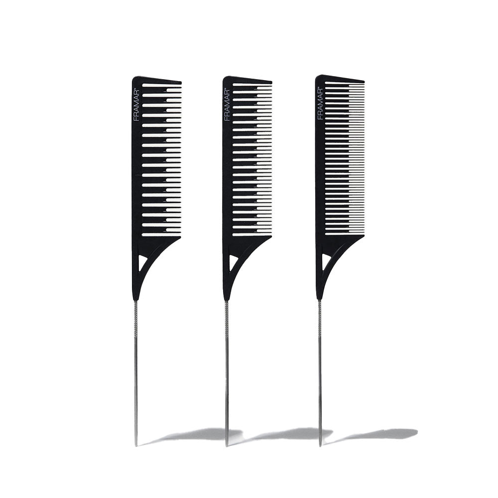 Three black Framar Dream Weaver combs showing the different weaving teeth sizes for highlights