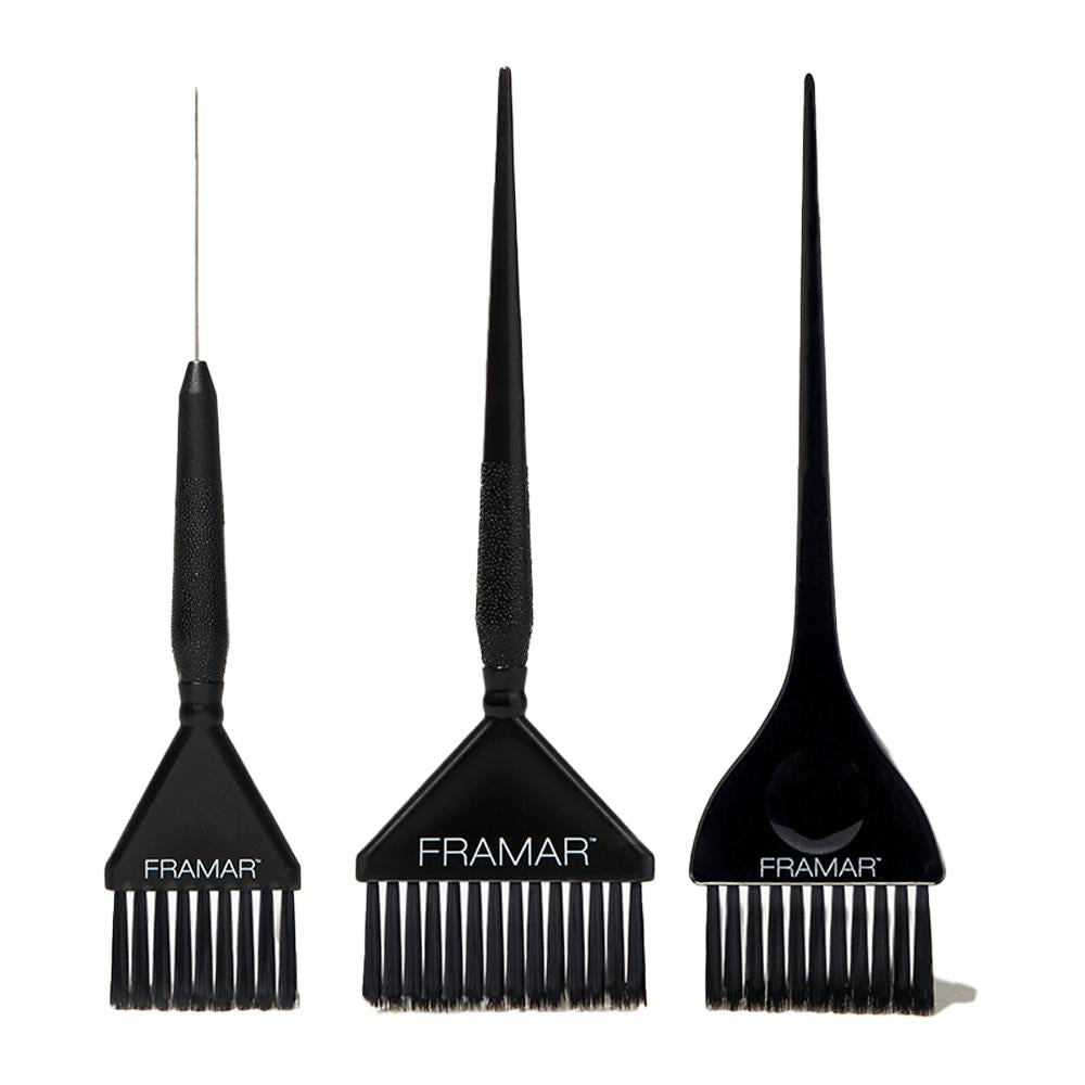 Set of three black Framar hair colour brushes including the Classic, Big Daddy, and pin-tail brush