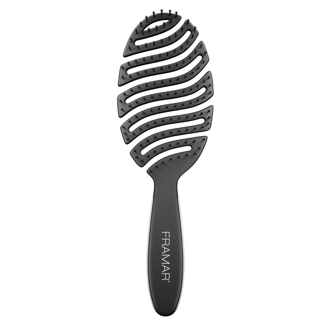 Front view of the Framar Flex Brush in matte black showing the vented flexible design