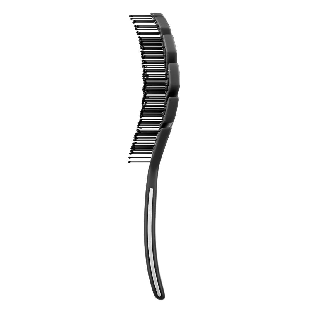 Side profile of the black Framar Flex Brush illustrating the ergonomic curved shape