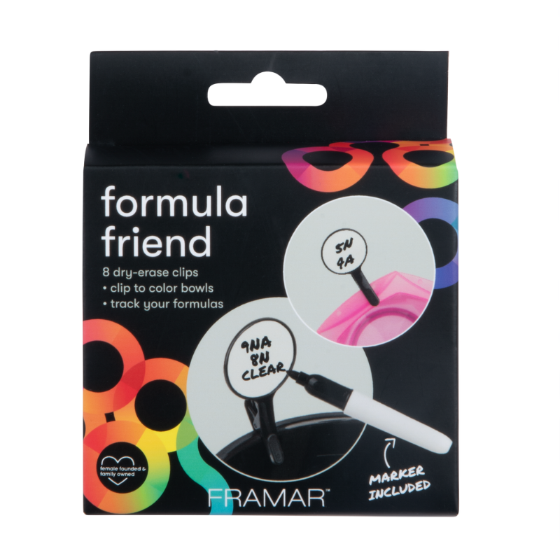 Framar Formula Friend 8 pack dry erase clips packaging with included marker for salon use
