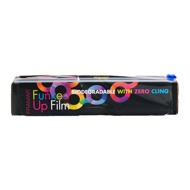 Framar Funked Up Film in professional black packaging showing biodegradable zero-cling features for salons