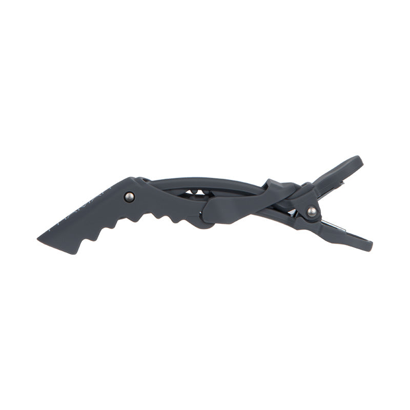 Side profile of a grey Framar Gator Grip showing the double-hinged design and serrated teeth