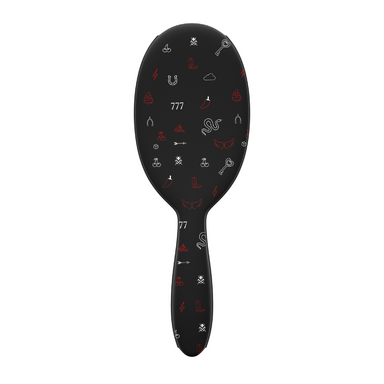 Framar Get Lucky Ace black detangle brush featuring professional matte finish and red icons