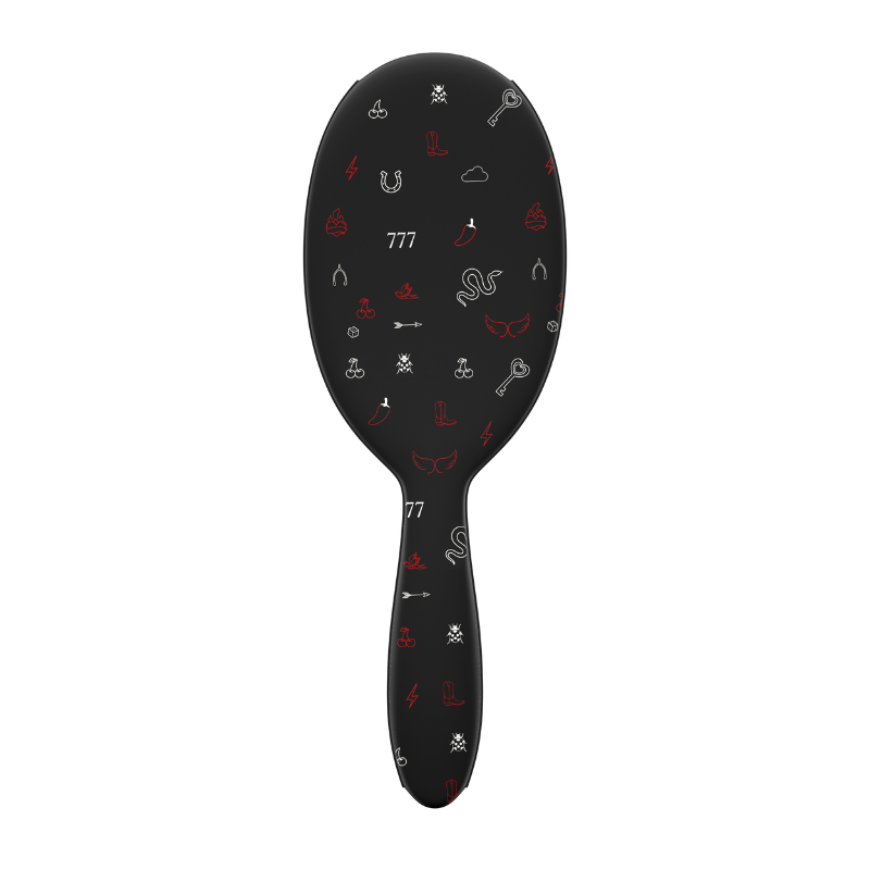 Framar Get Lucky Ace black detangle brush featuring professional matte finish and red icons