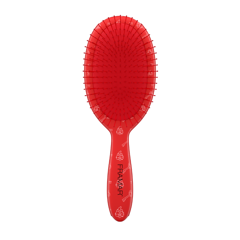 Front view of Framar Get Lucky red detangle brush with flexible red bristles