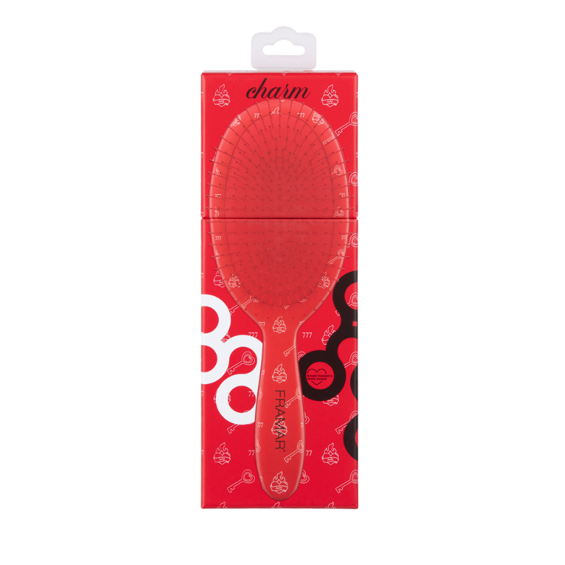 Framar Get Lucky Charm red professional detangle brush in branded retail packaging