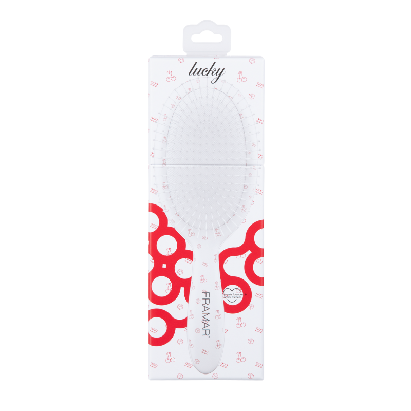 Framar Get Lucky white detangle brush in professional retail packaging