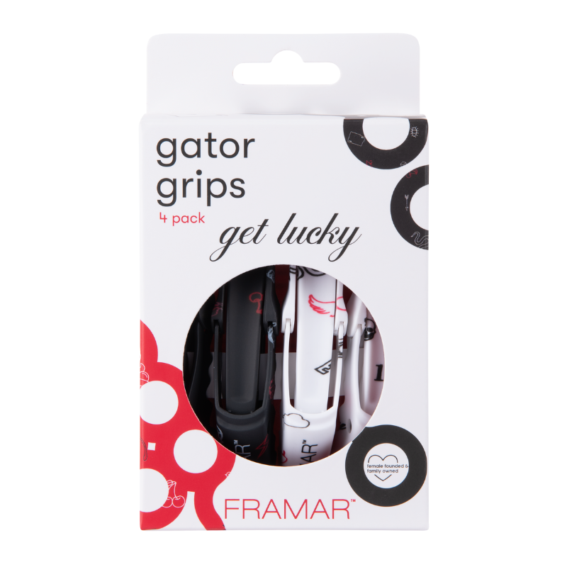 Close up of Framar Get Lucky Gator Grips 4 pack packaging showing professional hair clip features