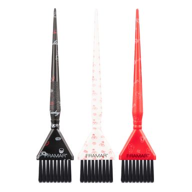 Framar Get Lucky Triple Threat set of three professional hair colour brushes in black red and white
