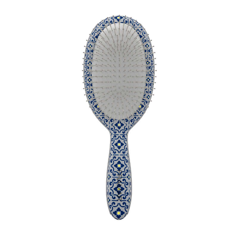 Framar Limoncello detangle brush in Capri blue and white tile pattern front view