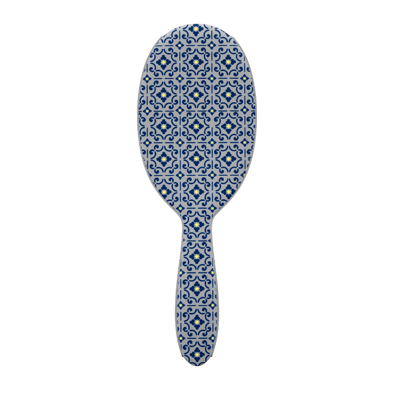 Back view of Framar Limoncello brush showing Capri matte blue and white Mediterranean pattern