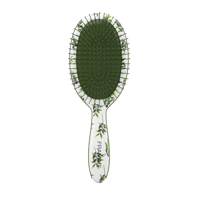 Framar Limoncello detangle brush in Positano olive leaf pattern with green bristles