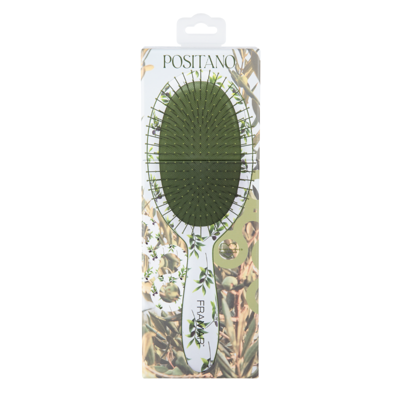 Professional packaging for the Framar Limoncello Positano olive leaf detangle brush