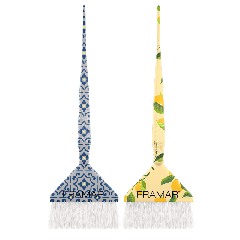 Framar Limoncello Root Repair 2 pack colour brush set featuring lemon and blue tile patterns