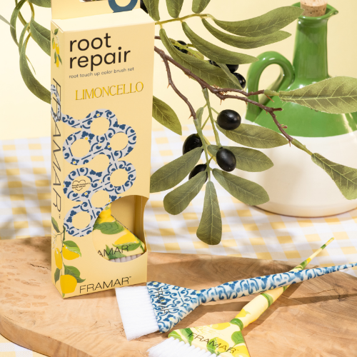 Framar Limoncello Root Repair set displayed in a professional salon setting with olive branches