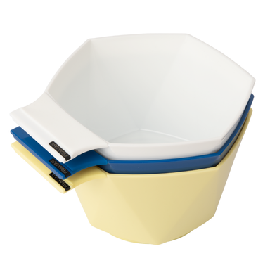 Stacked Framar Limoncello Write N' Wipe colour bowls in yellow, blue and white showing the dry erase tabs