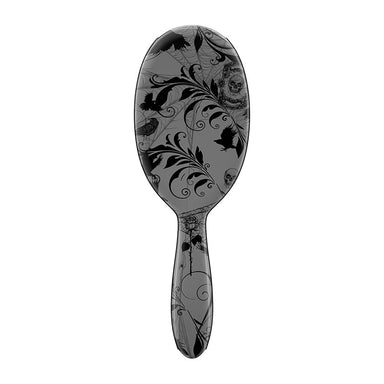 Back view of Framar Clarice brush featuring black and grey gothic floral design