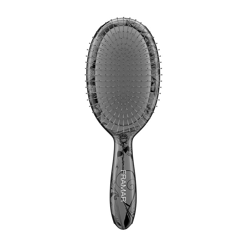 Framar Clarice detangle brush showing flexible bristles and gothic pattern handle