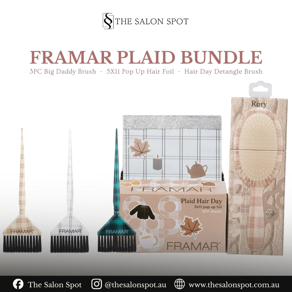 Framar Plaid Bundle featuring three Big Daddy colour brushes, a box of 5x11 pop-up foils, and a Rory detangling brush for professional Australian hair salons