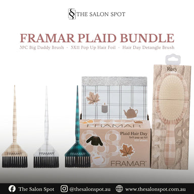 Framar Plaid Bundle featuring three Big Daddy colour brushes, a box of 5x11 pop-up foils, and a Rory detangling brush for professional Australian hair salons