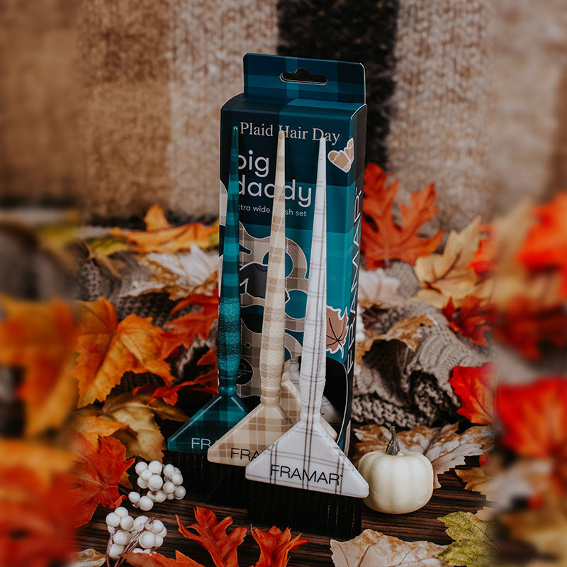 Framar Plaid Hair Day Big Daddy Brush Set in professional retail packaging with autumn leaf styling