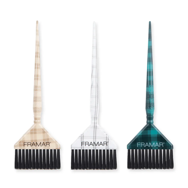 Three Framar Big Daddy colour brushes with plaid patterns on a clean white background for Australian salon supplies