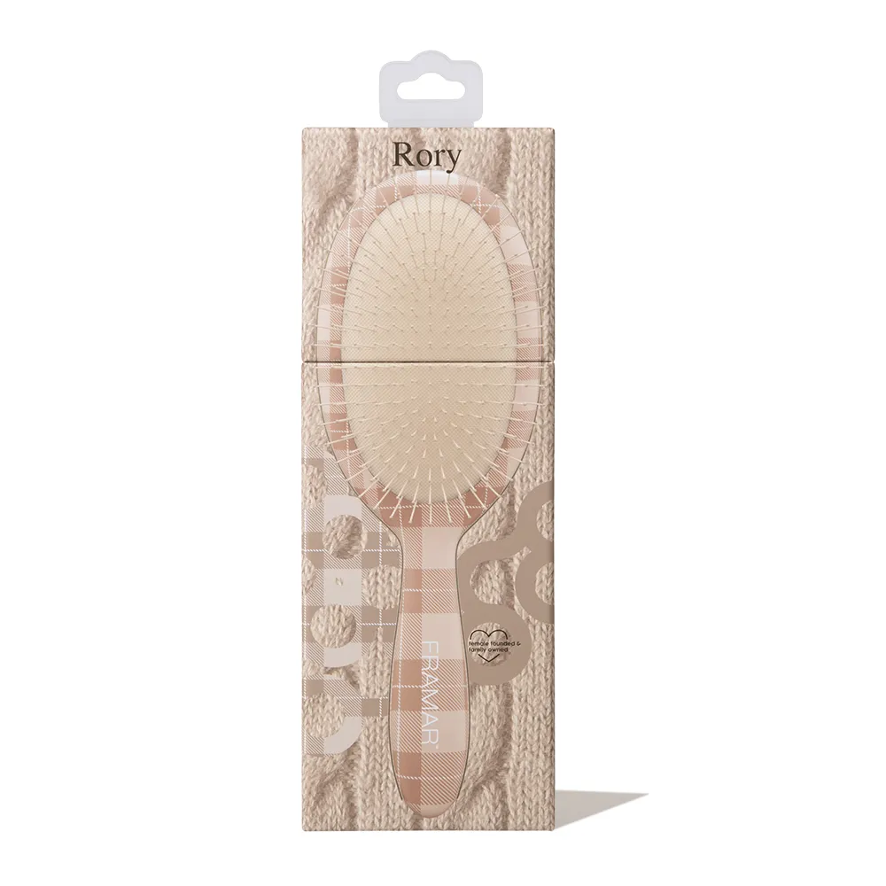 Framar Rory tan plaid detangle brush packaging for salon retail and professional use