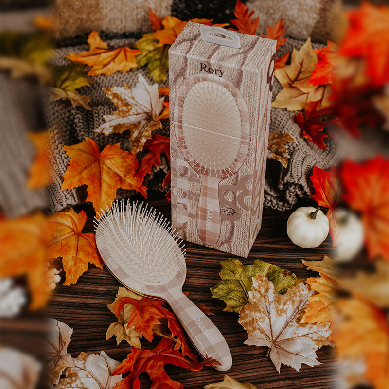 Framar Rory tan plaid detangle brush with gold trim ideal for all hair types