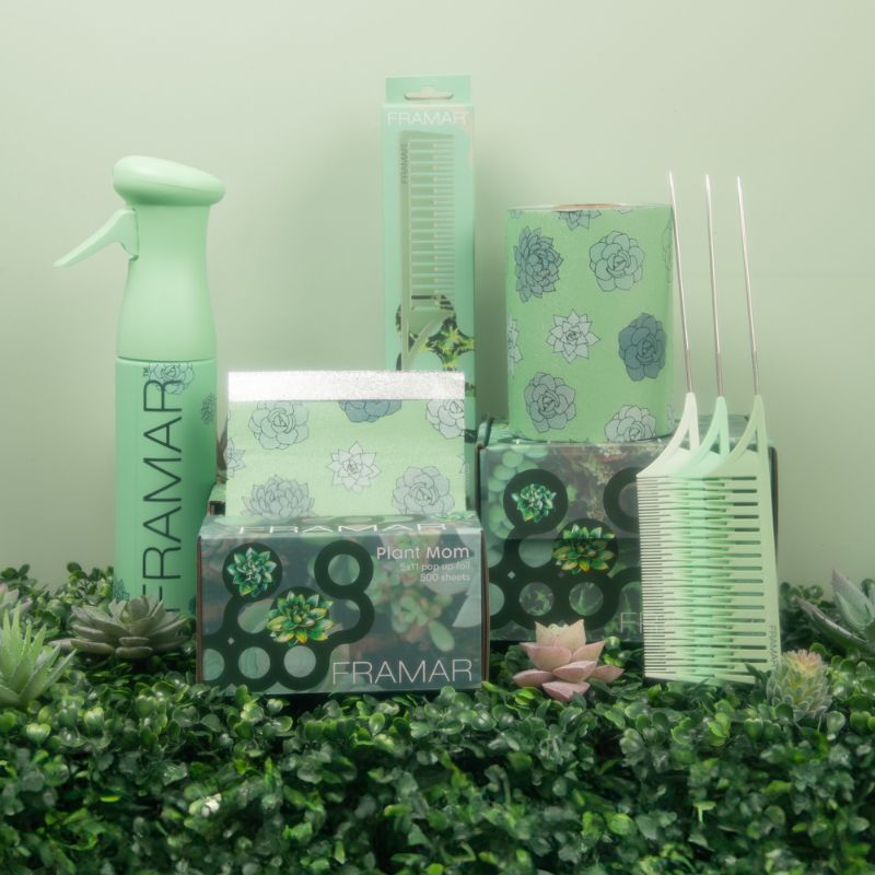 Framar Plant Mom collection featuring Dreamweaver highlighting combs and hair salon accessories in sage green