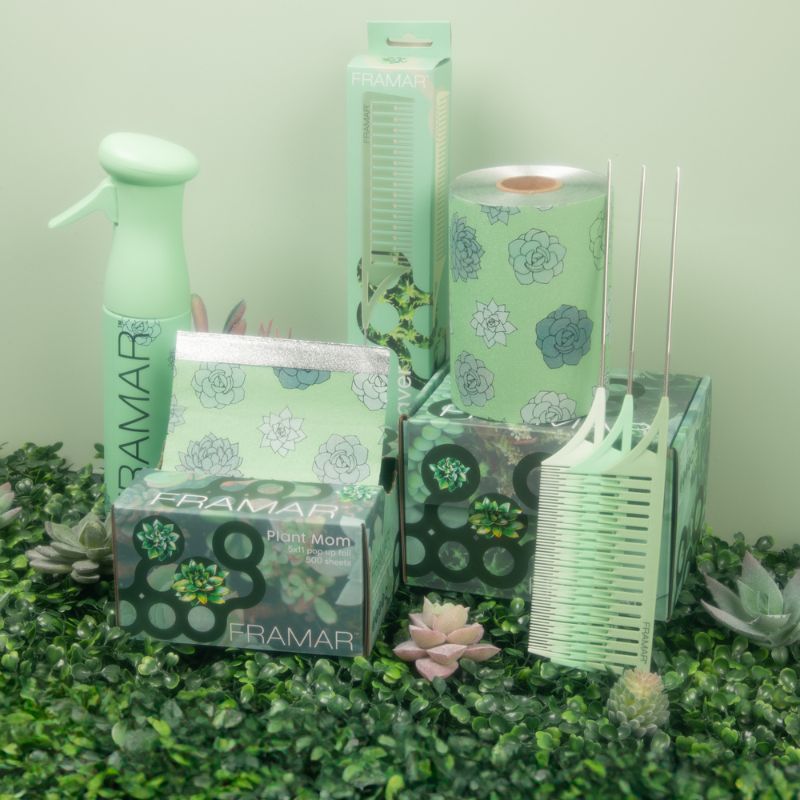 A variety of Framar Plant Mom salon supplies including the continuous spray bottle and professional hair foils