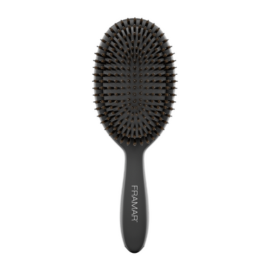 Top view of the black Framar Polish Brush highlighting the oval paddle and ergonomic handle