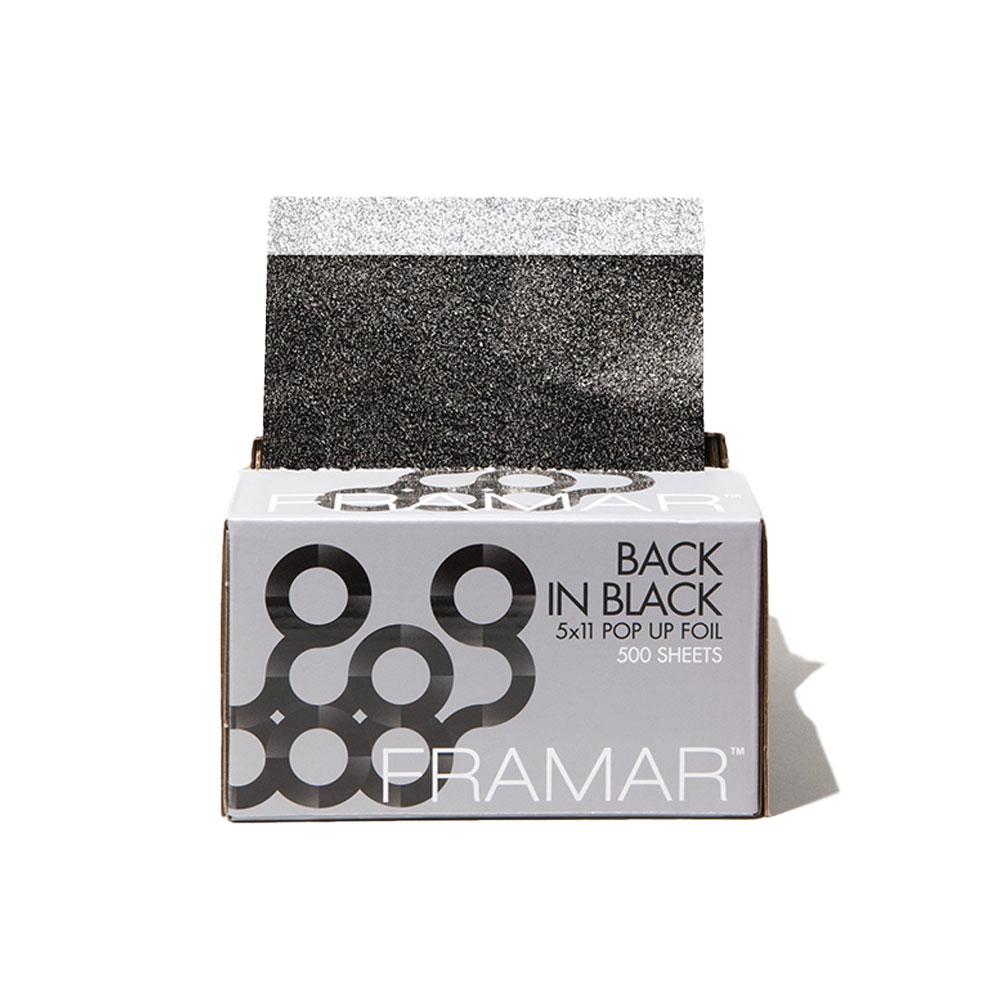 Framar Back In Black professional black embossed hair foil sheets in pop up dispenser