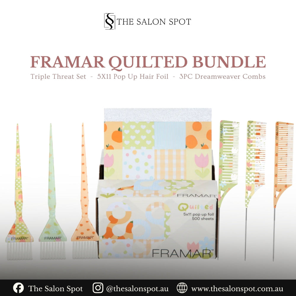 Framar Quilted Bundle containing 5x11 pop up foils, triple threat colour brushes, and dreamweaver combs in a pastel quilted pattern for salon use