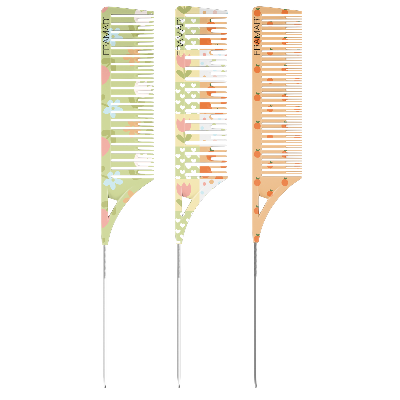 Set of three Framar Quilted Dreamweaver highlighting combs with stainless steel tails on a white background